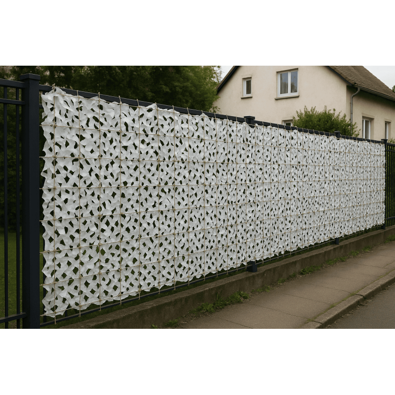 Filet camouflage blanc renforcé installé portail occultation légère décoration extérieure sobre élégante