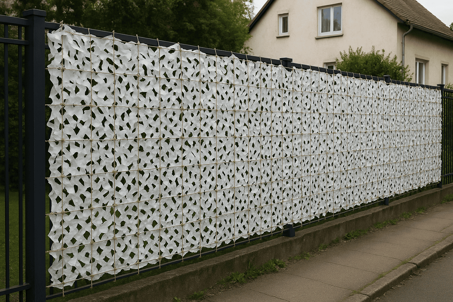 Filet camouflage blanc renforcé installé portail occultation légère décoration extérieure sobre élégante Filet camouflage blanc renforcé installé portail occultation légère décoration extérieure sobre élégante