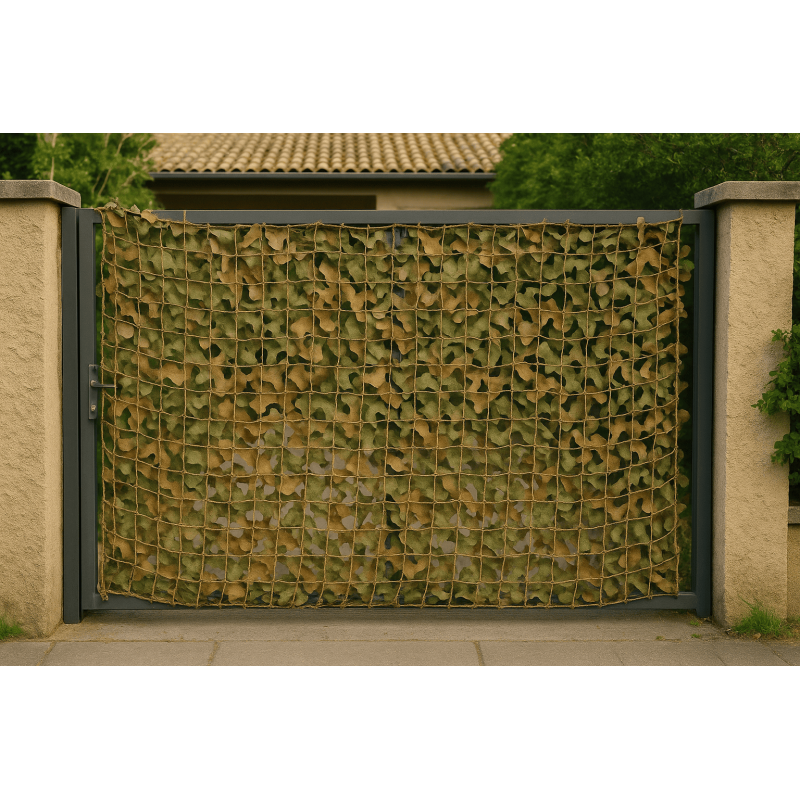Filet camouflage nature renforcé portail occultation verte marron déco extérieure style végétal discret