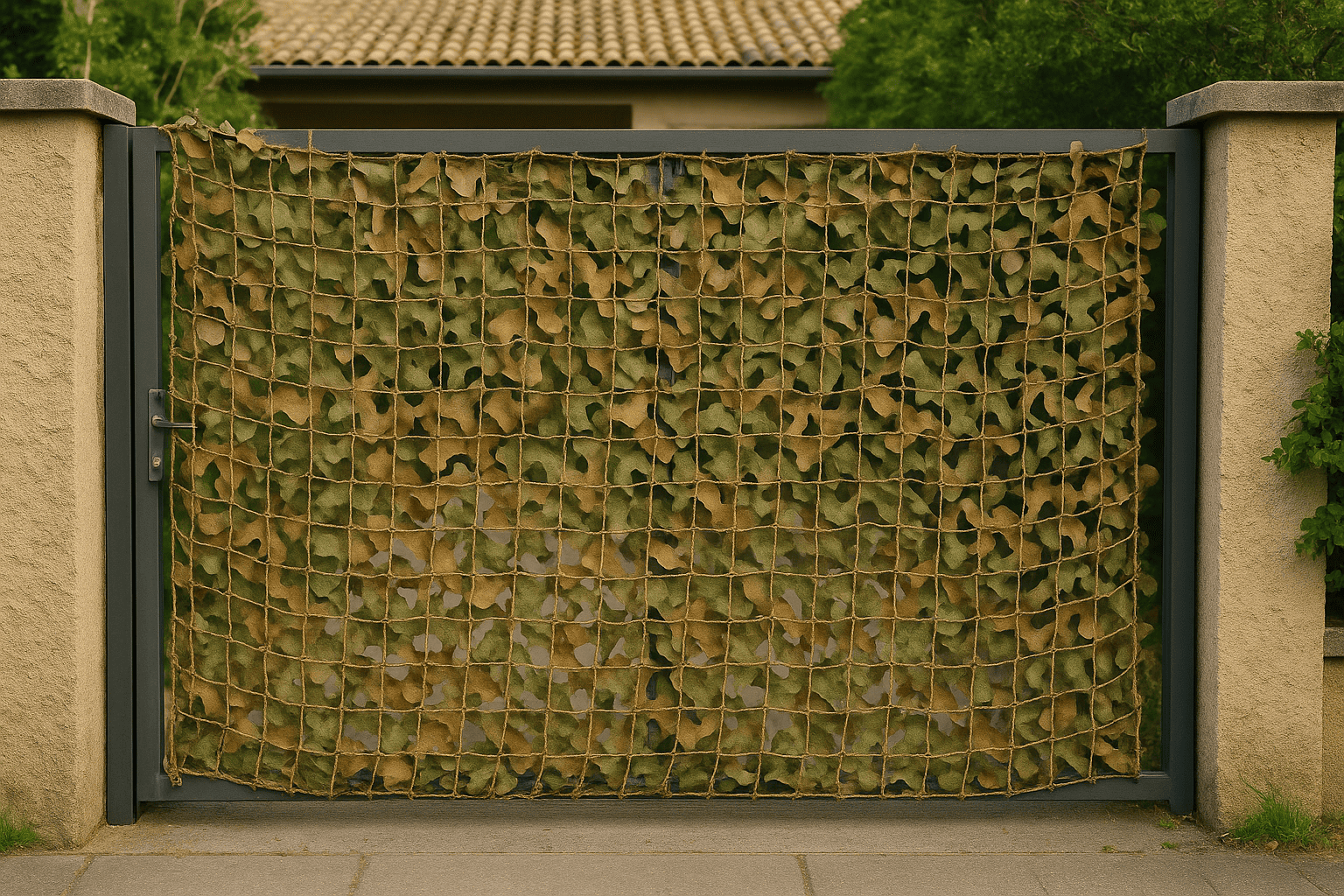 Filet camouflage nature renforcé portail occultation verte marron déco extérieure style végétal discret Filet camouflage nature renforcé portail occultation verte marron déco extérieure style végétal discret