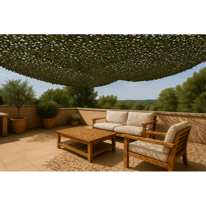 Filet camouflage coloris nature usage perso extérieur décoration végétale protection soleil terrasse