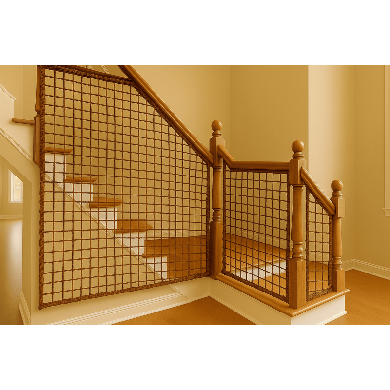 Filet de sécurité habitation marron fixation escalier balcon protection légère intégration visuelle réussie